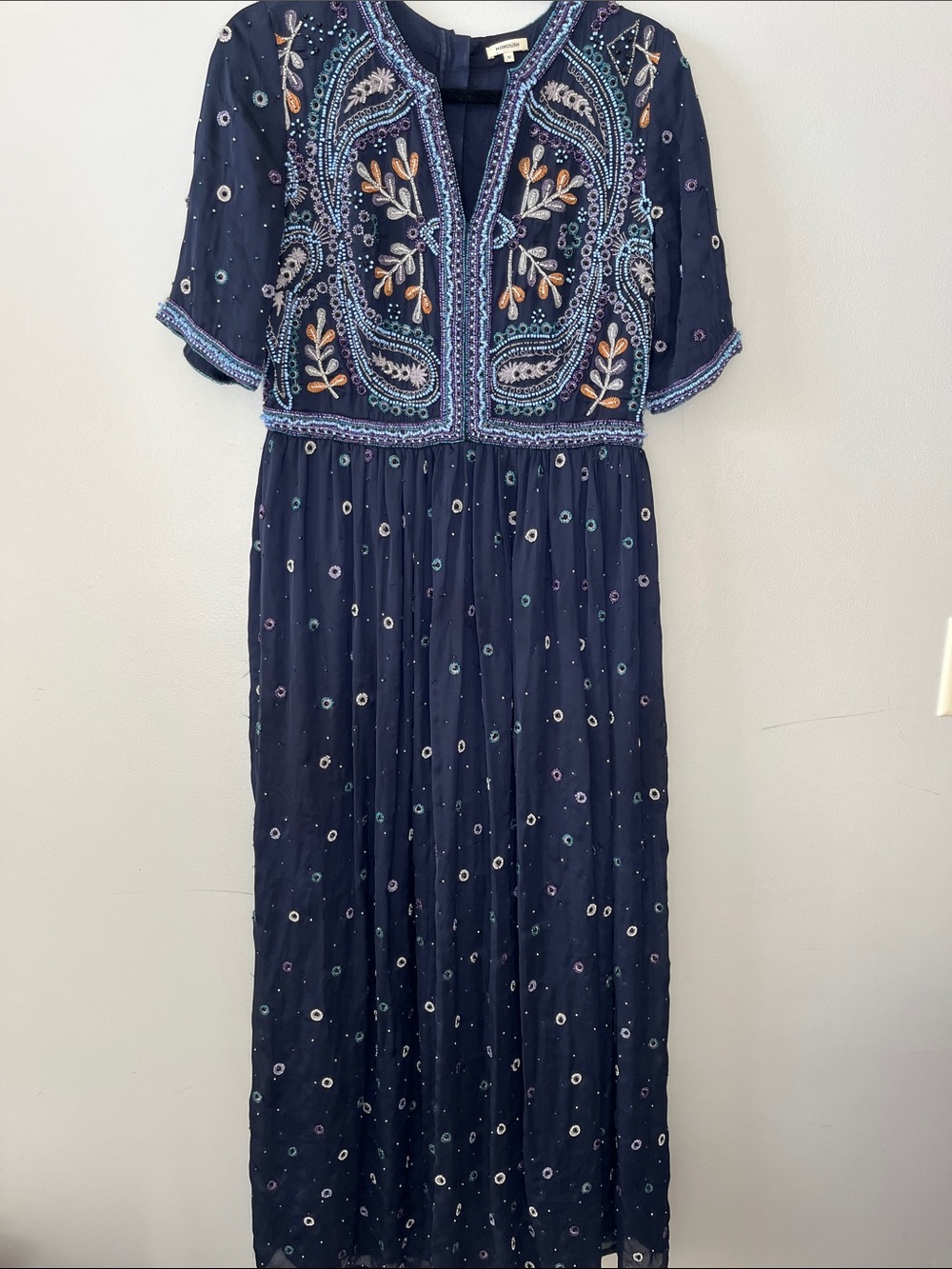 Manoush French navy blue beaded vneck maxi dress modest intricate detailed event